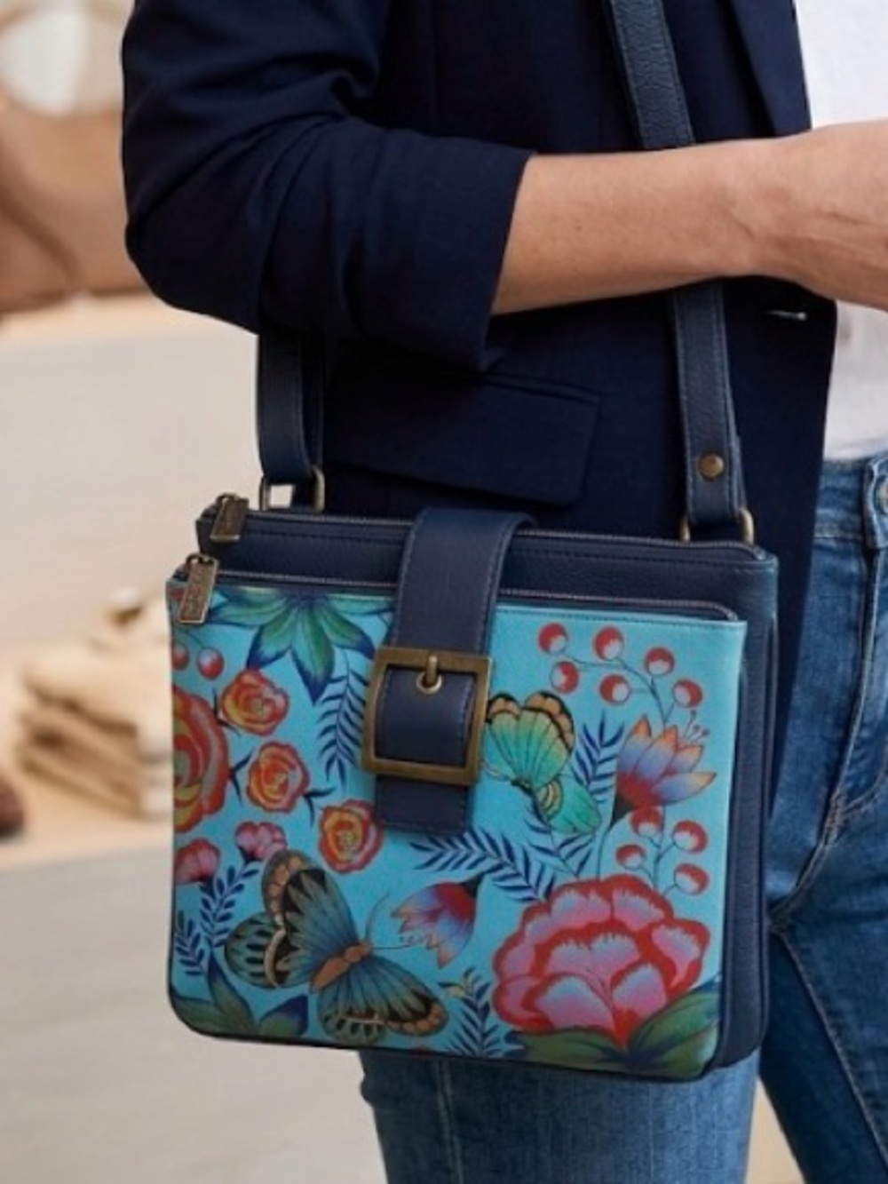 Anuschka Hand-Painted Leather Triple Compartment Crossbody Blue Floral Butterfly